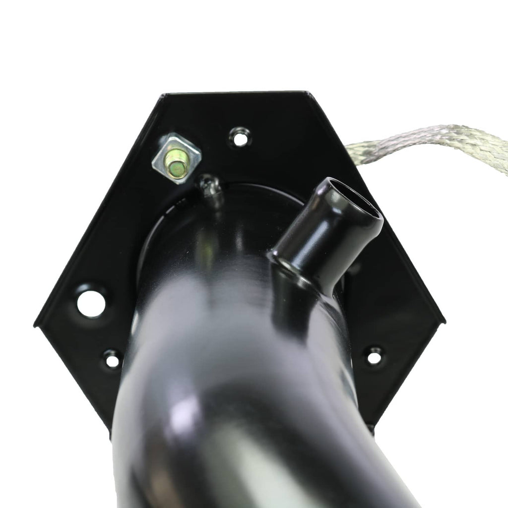 Fuel tank filler neck mounting bracket with black pipe section and tether cord