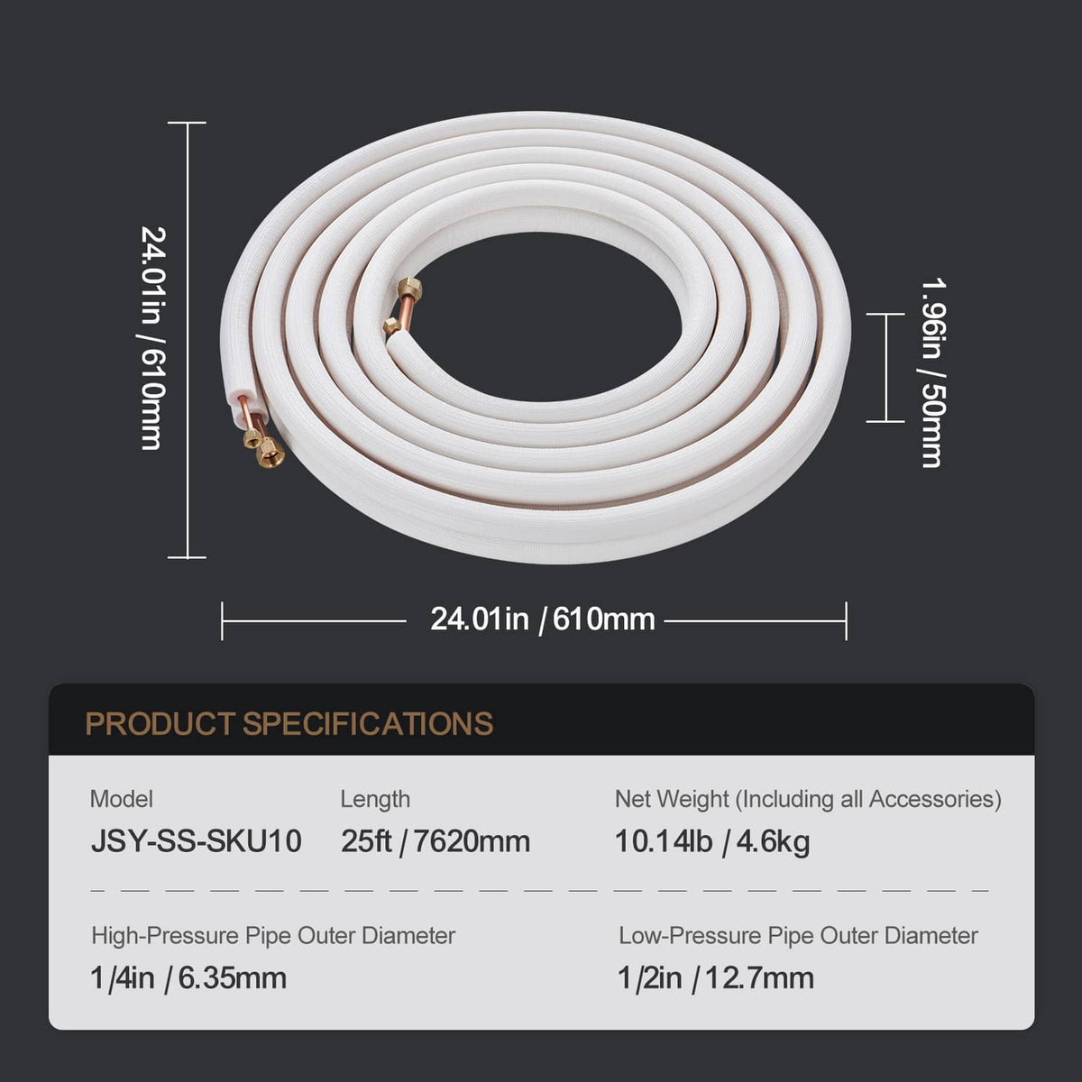 Coiled 25 ft insulated mini split line set with copper flare connectors