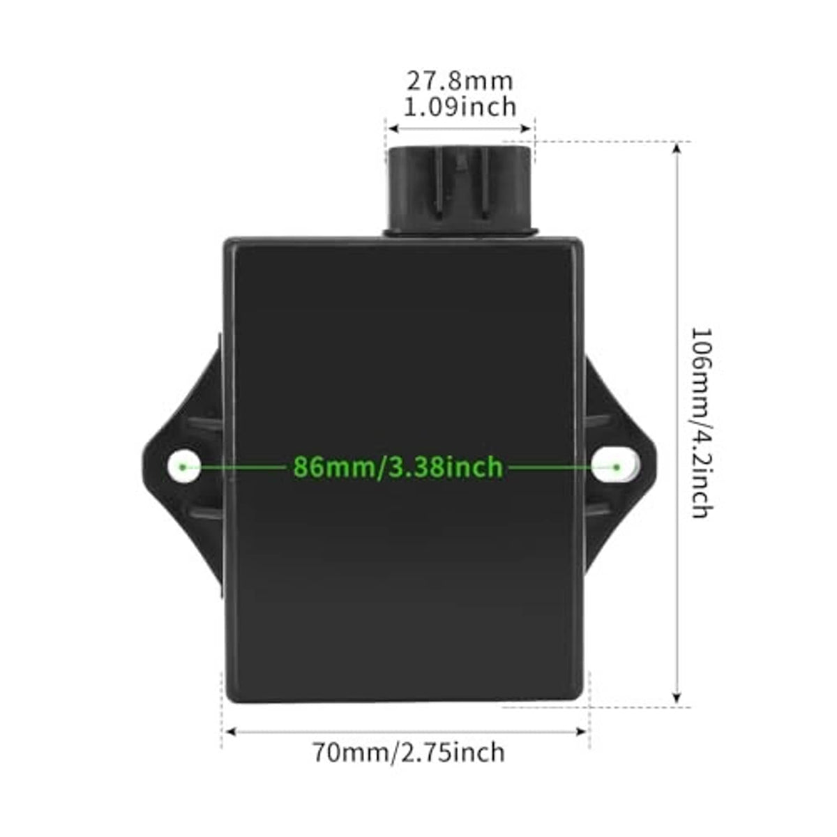 Black CDI ignition module with size measurement labels and mounting ears