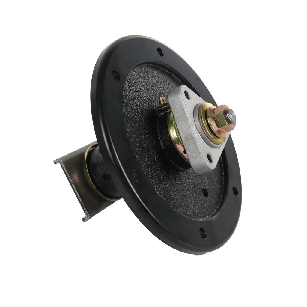 Black mower deck spindle with pulley housing, side mounting bracket, and top bolt