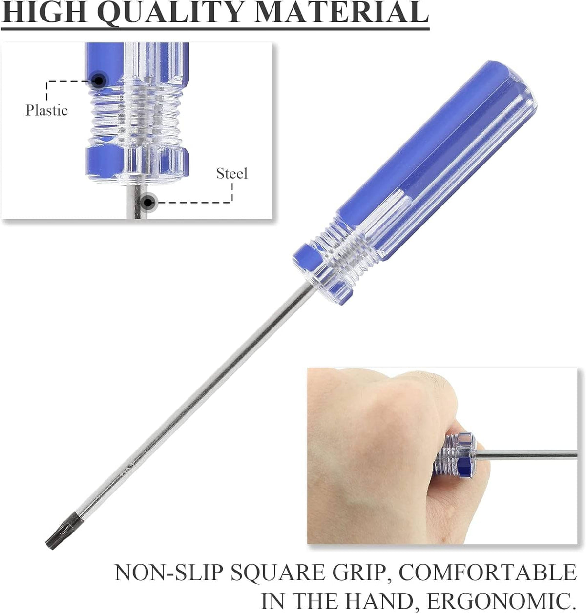 T10 security Torx screwdriver with blue grip and silver steel shaft, magnetic tip