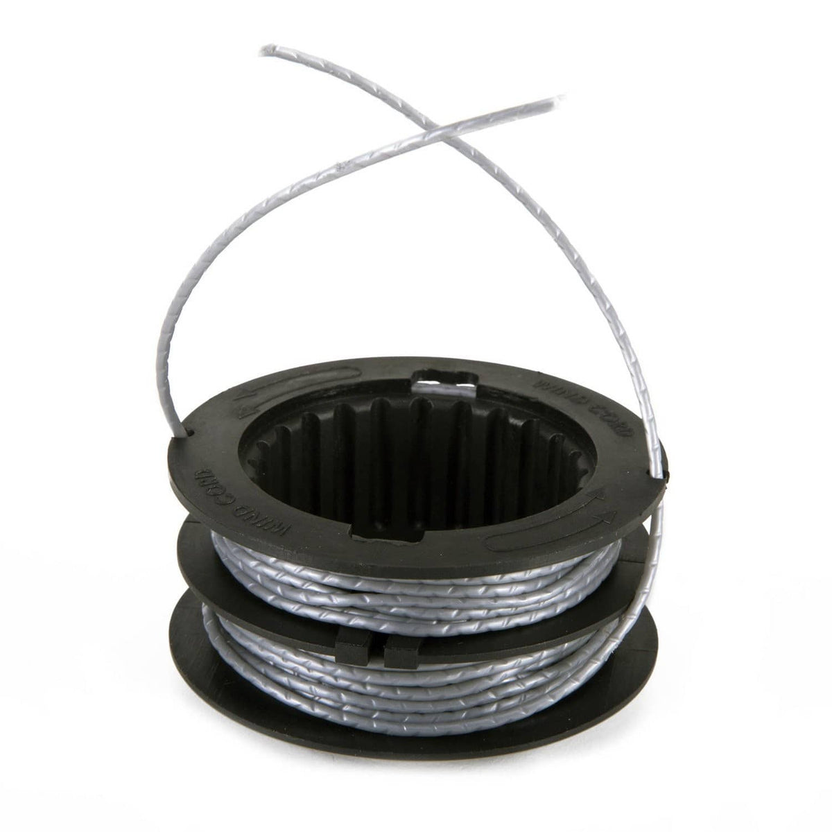Greenworks replacement string trimmer spool with wound silver cutting line on black base