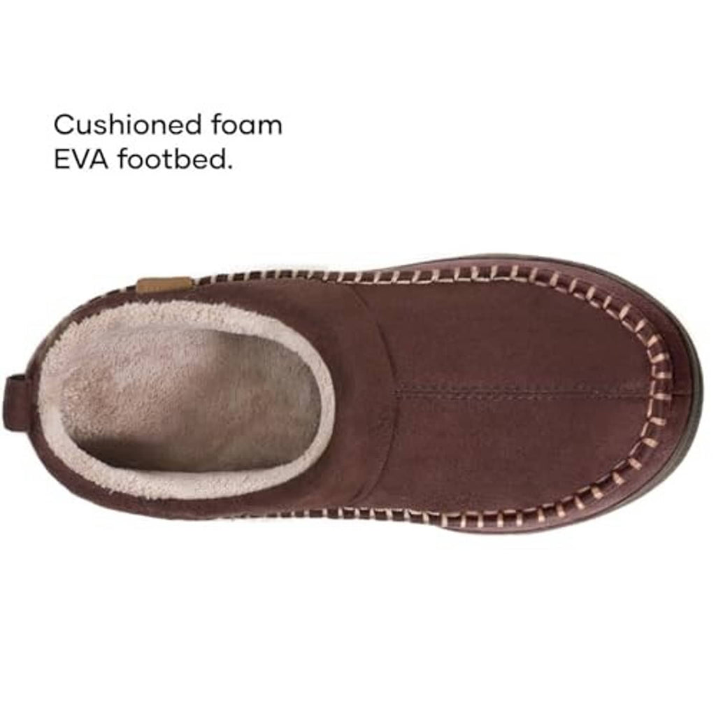 Brown moccasin slipper with light fleece lining, suede upper, and stitched border