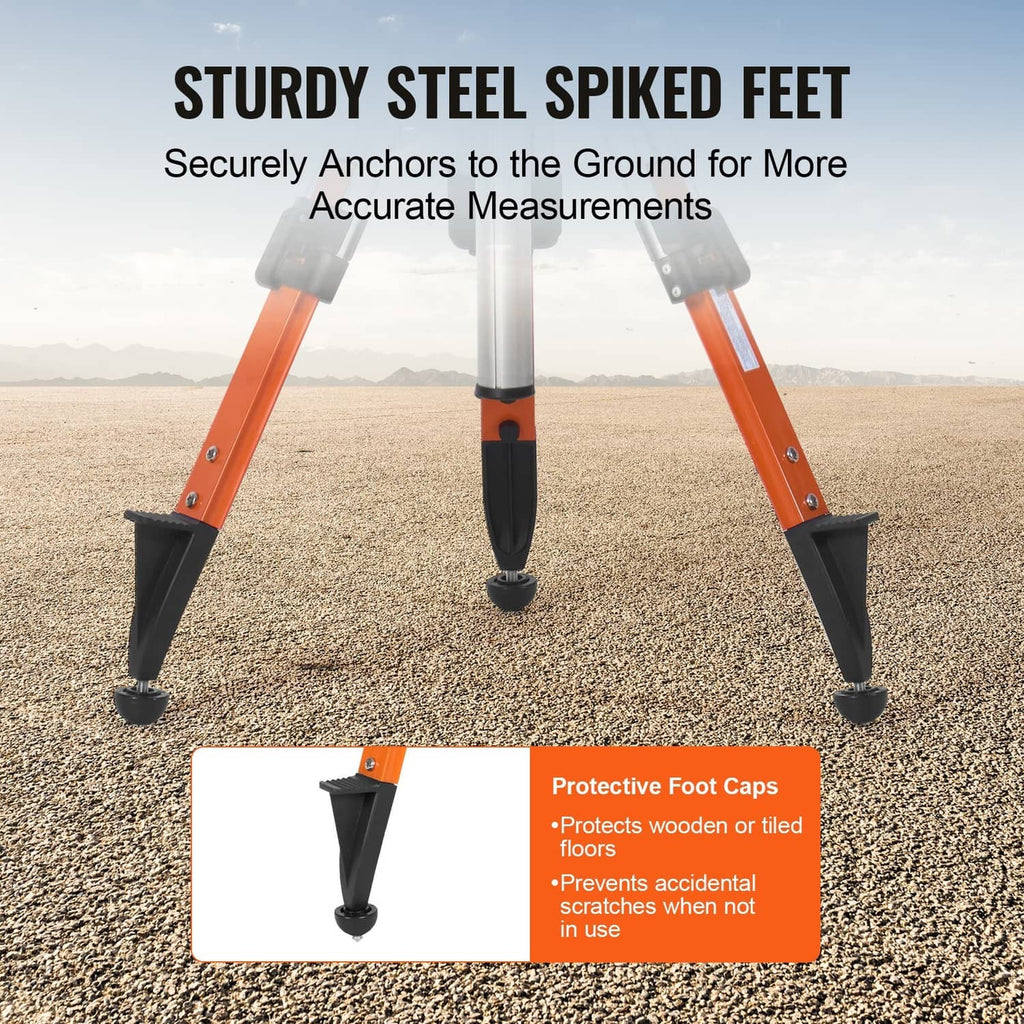 Orange tripod stand with steel spiked feet and protective rubber foot caps