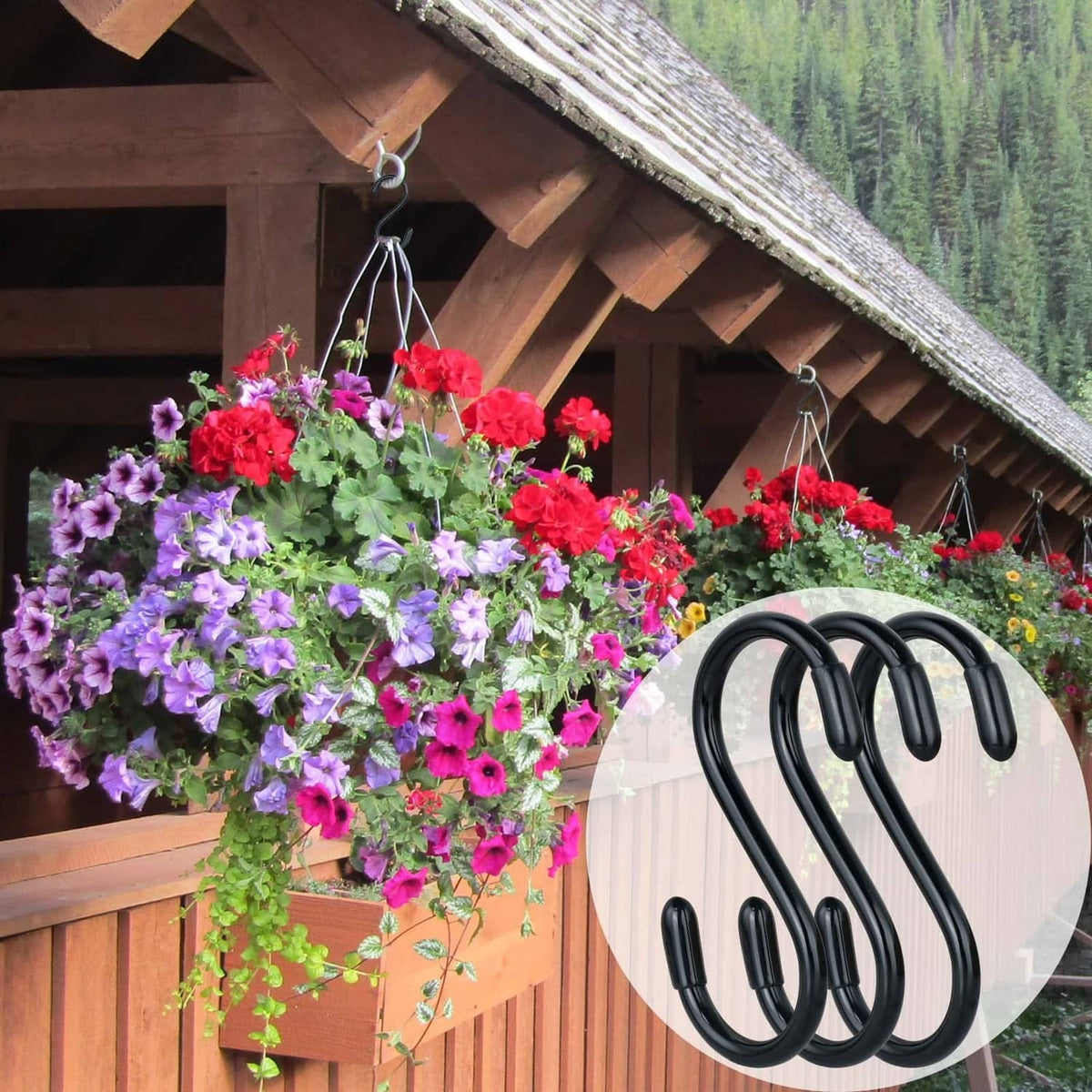 Black vinyl-coated S hooks for hanging flower planters from a beam