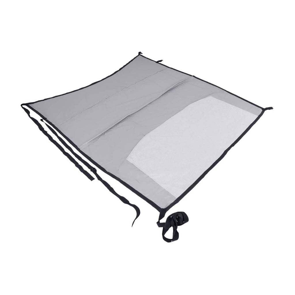 Folded grey aircraft cover with black border, straps, and white panel section