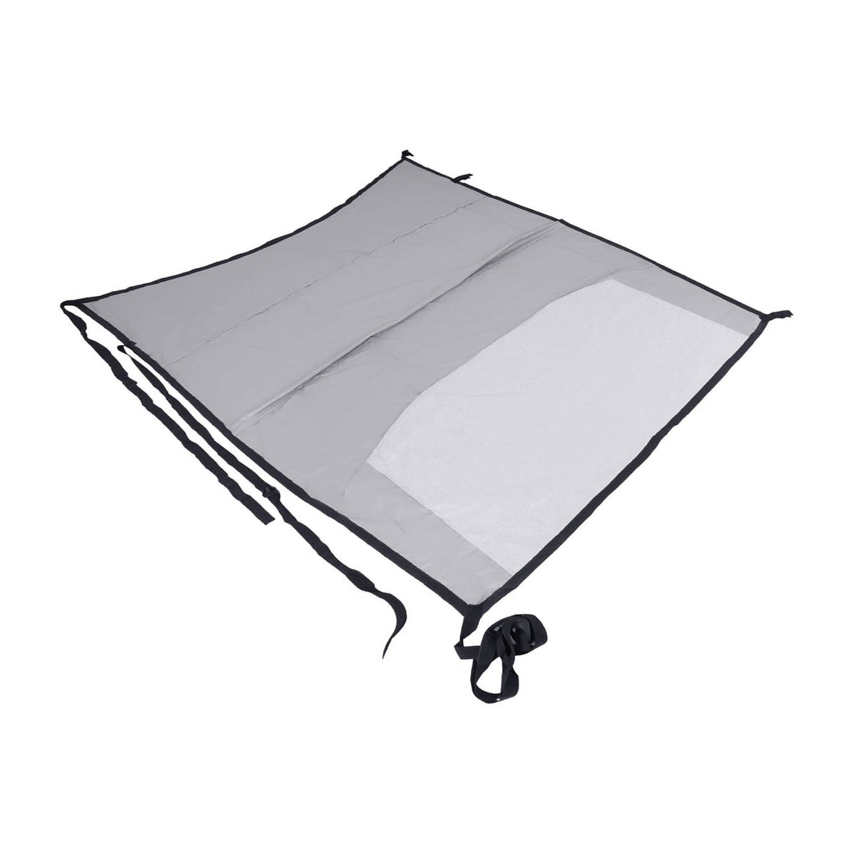 Folded grey aircraft cover with black border, straps, and white panel section