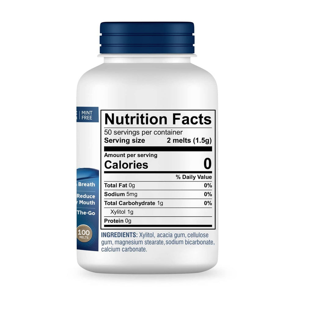 OraCoat XyliMelts Dry Mouth Nutrition Facts label on bottle back
