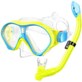 Kids snorkel set with yellow and blue diving mask and clear silicone snorkel tube