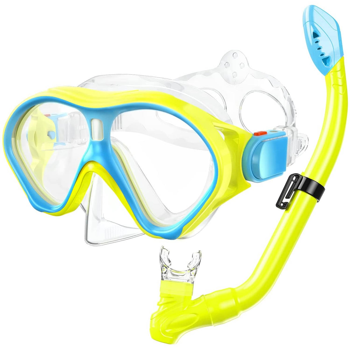 Kids snorkel set with yellow and blue diving mask and clear silicone snorkel tube