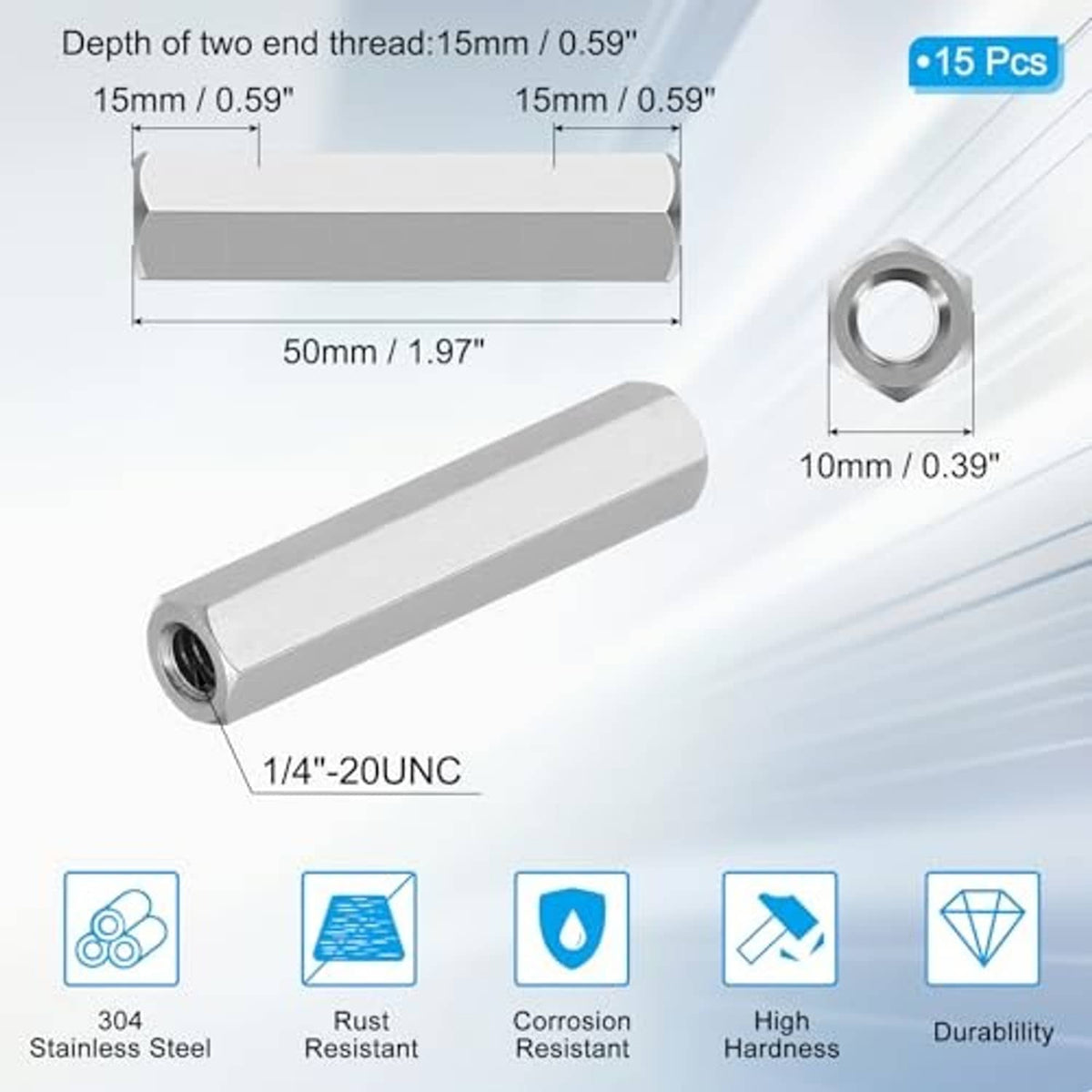 Stainless hex coupling nut with 1/4-20 UNC internal threads and hex exterior