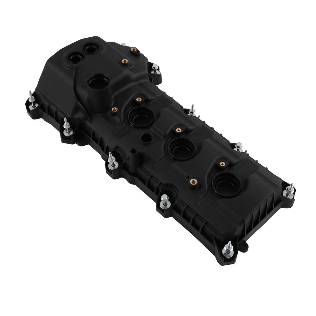 Black engine valve cover with raised ribs and circular openings, bolt heads visible