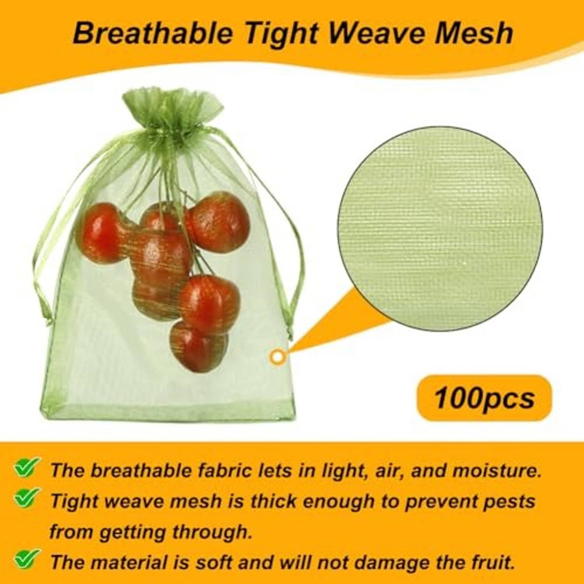 Green breathable tight-weave mesh drawstring bag with close-up texture detail