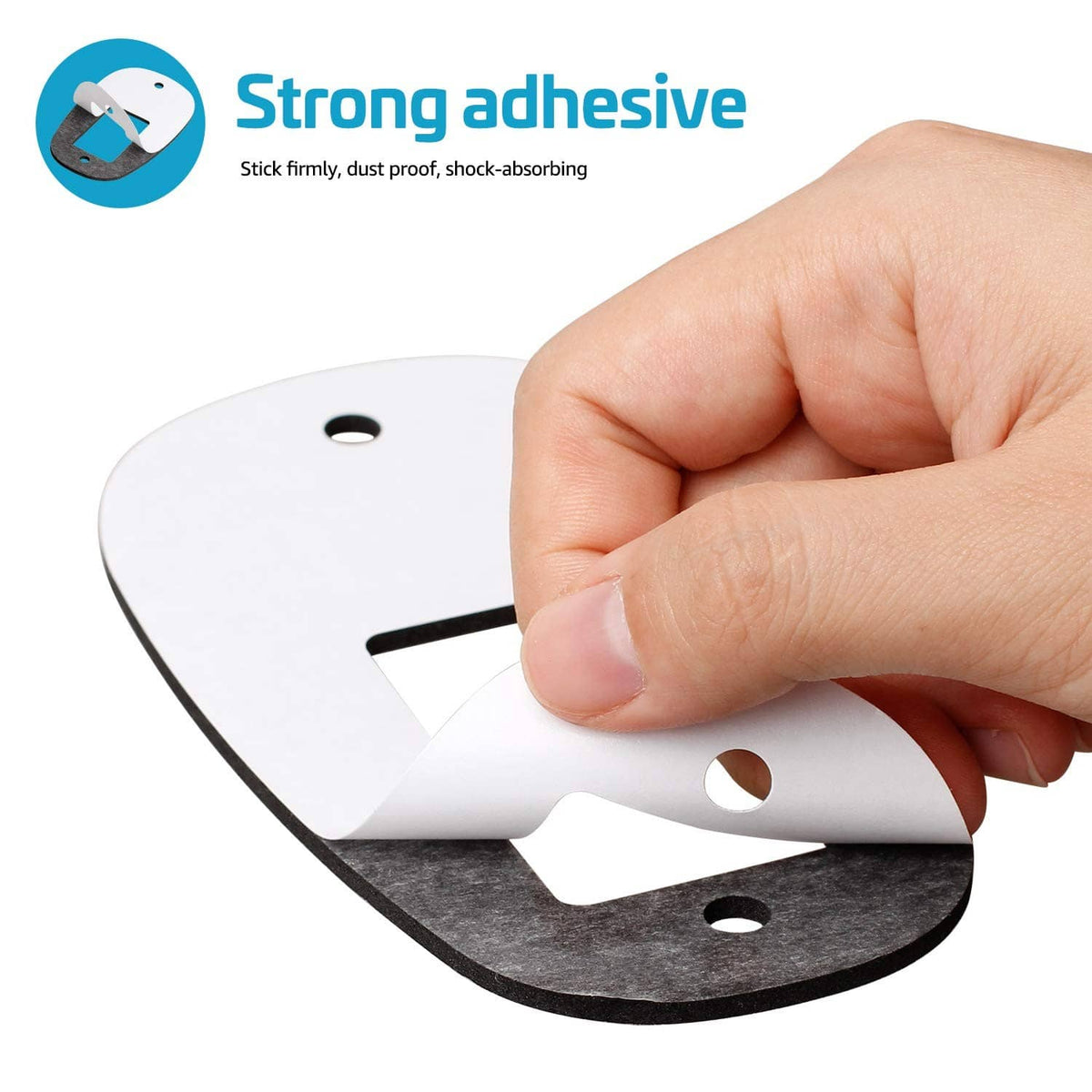 White oval gasket pressed by hand over black backing, adhesive surface visible