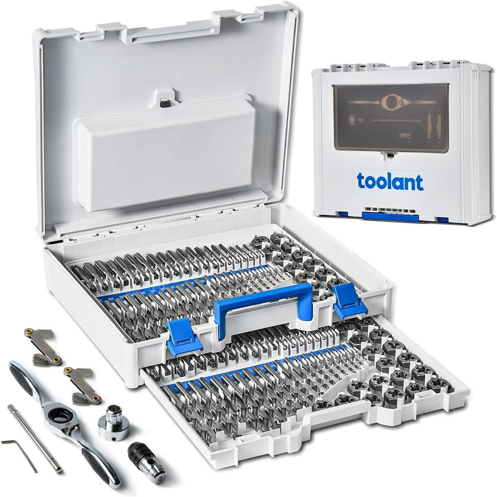 Open plastic case of ratcheting tap and die set with blue handle tools