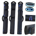 Pool cue case for 2 butts and 4 shafts, black with blue trim, padded sleeves and straps.