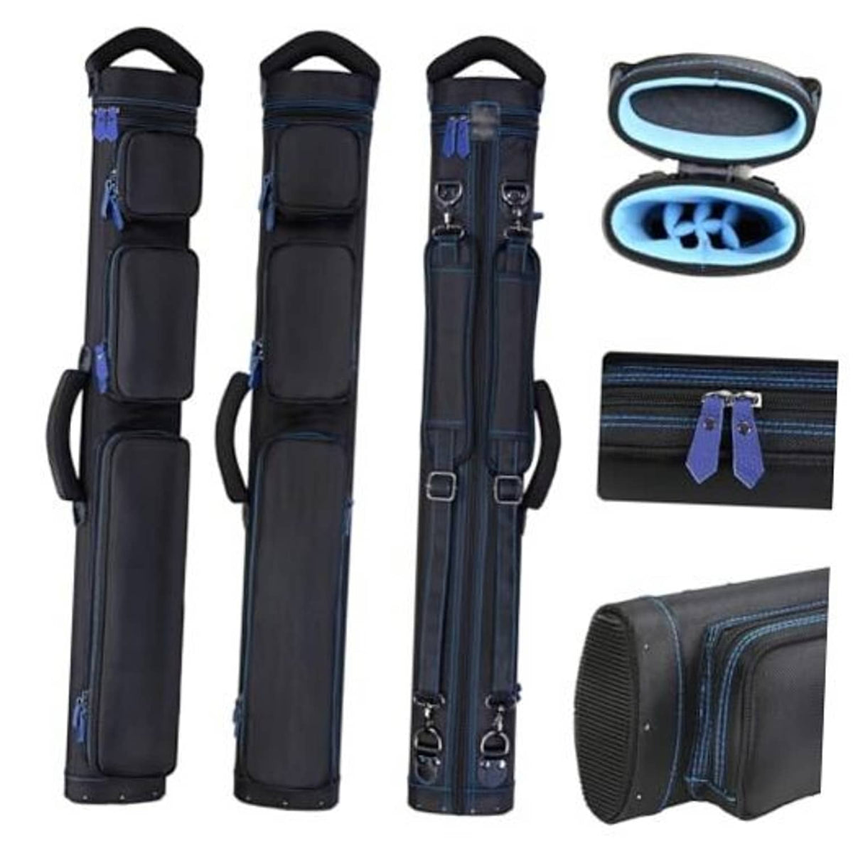 Pool cue case for 2 butts and 4 shafts, black with blue trim, padded sleeves and straps.