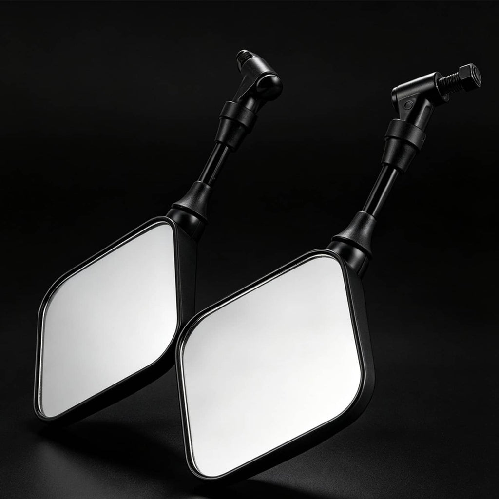 Pair of motorcycle rearview mirrors with square reflective glass and black stems