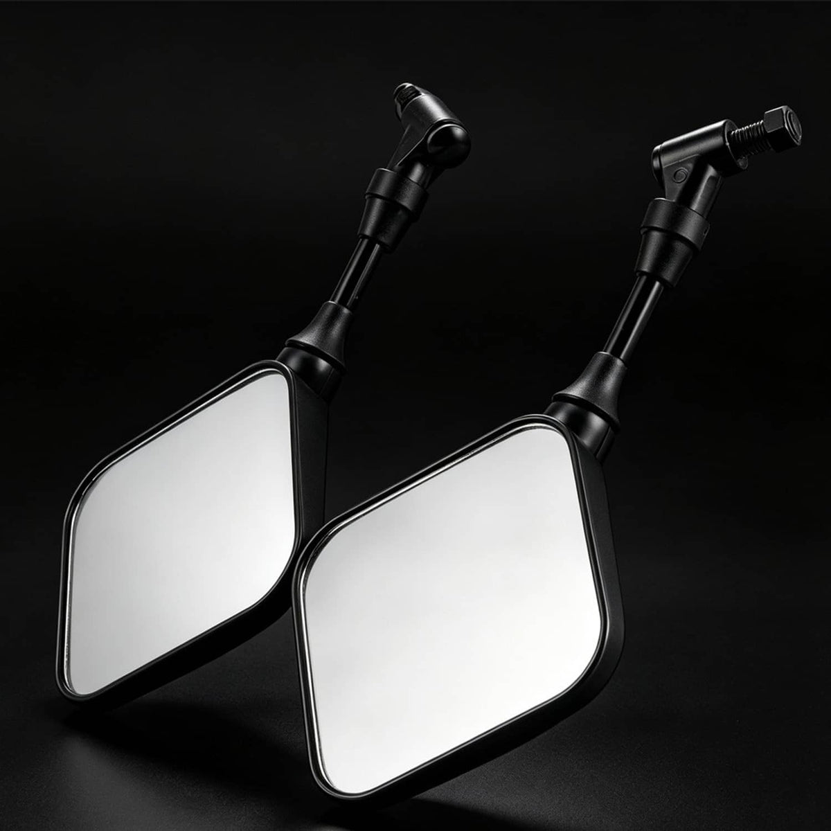 Pair of motorcycle rearview mirrors with square reflective glass and black stems
