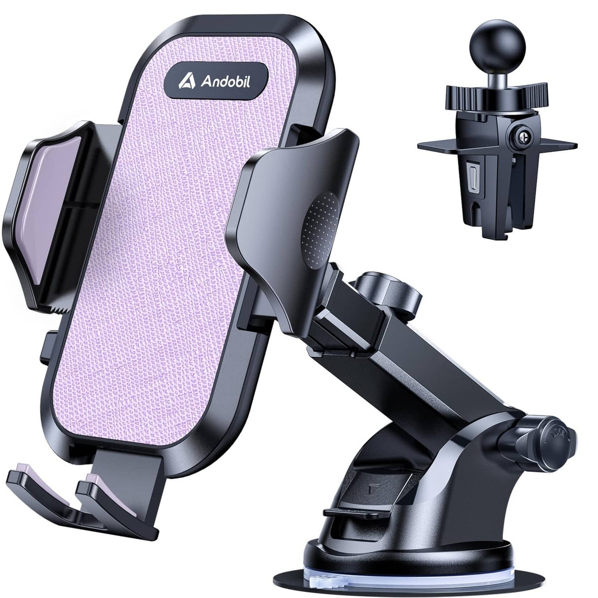 Purple and black car phone holder with suction base and side clamps