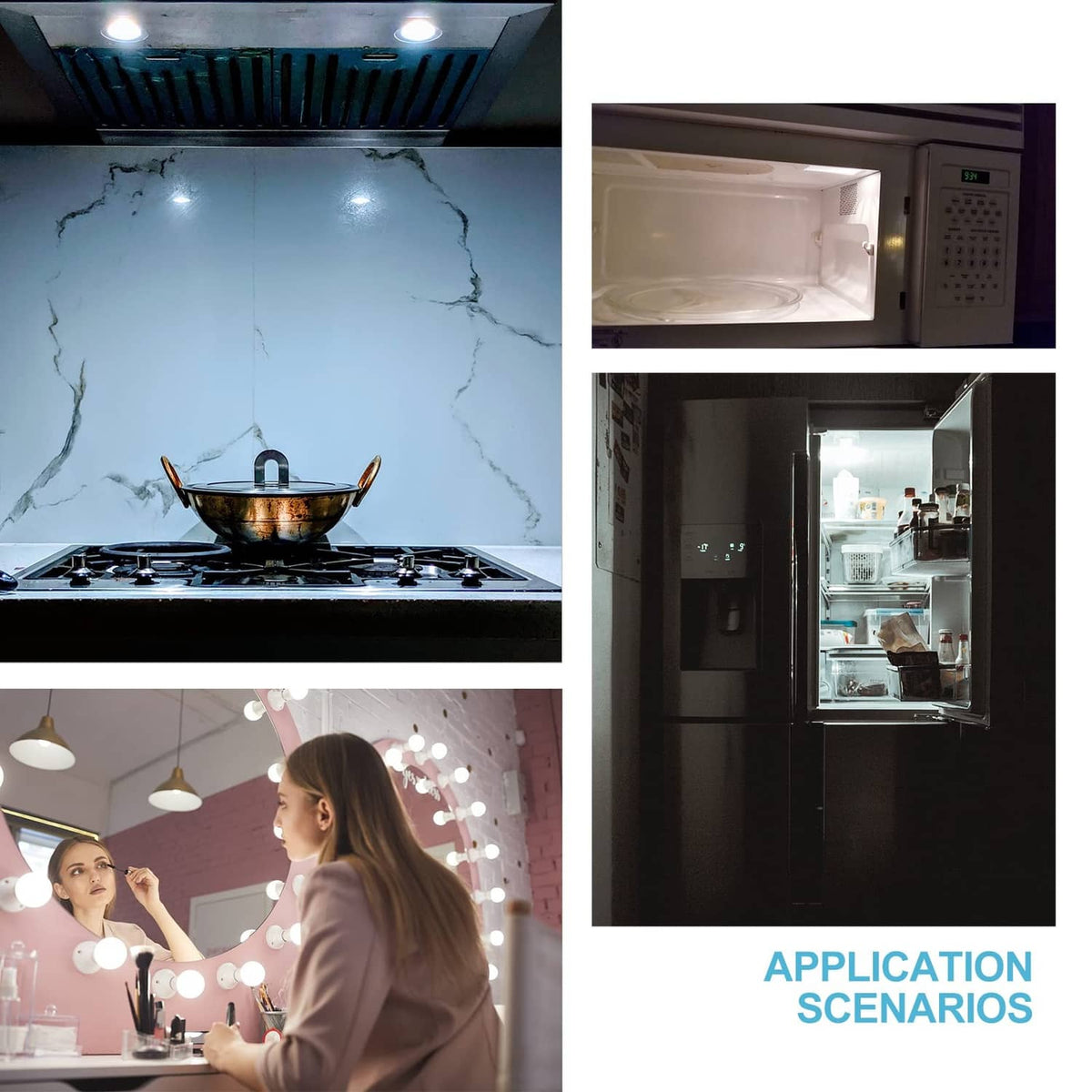 LED light bulbs in kitchen appliance and ceiling fixtures, bright cool-white glow