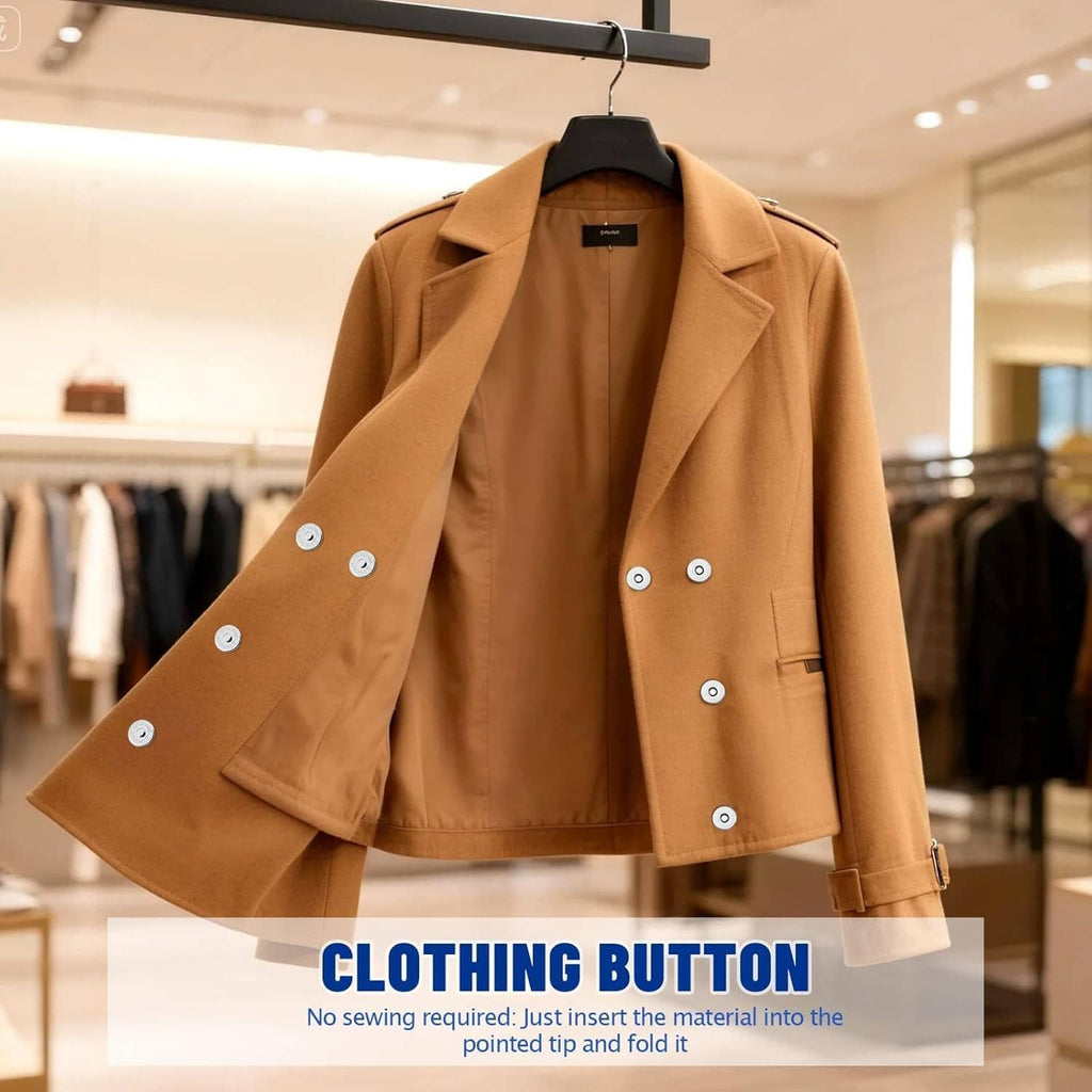 Magnetic snap fasteners on a tan coat front, showing metal button closures on lapels