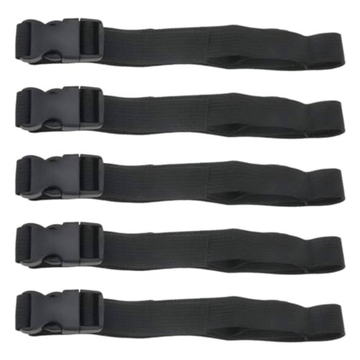 Set of five black nylon tie-down straps with quick-release buckle, adjustable length
