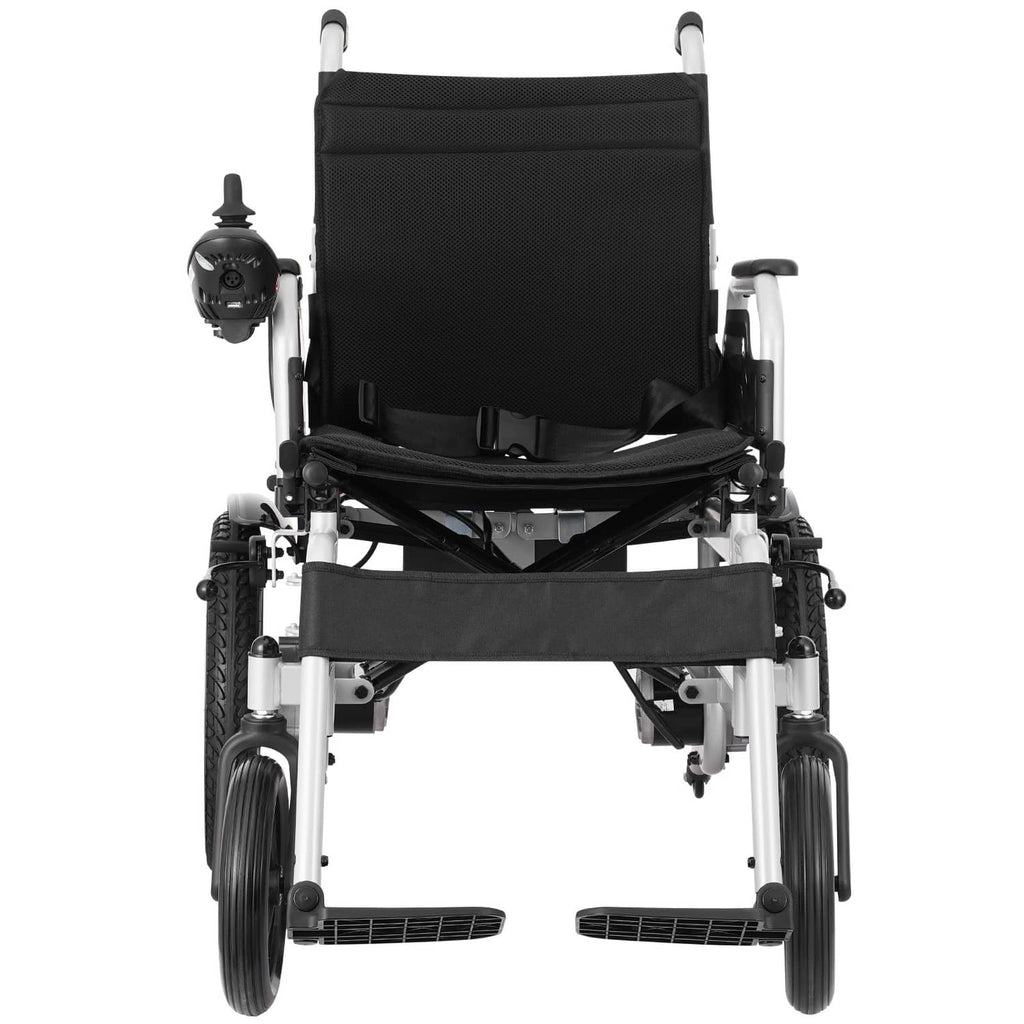 Foldable electric wheelchair with black seat and back, white frame, front wheels