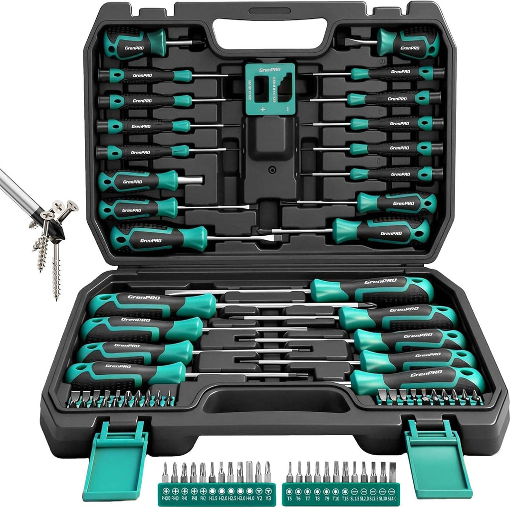 Precision screwdriver set kit with multiple bits in black and teal case, open for tools