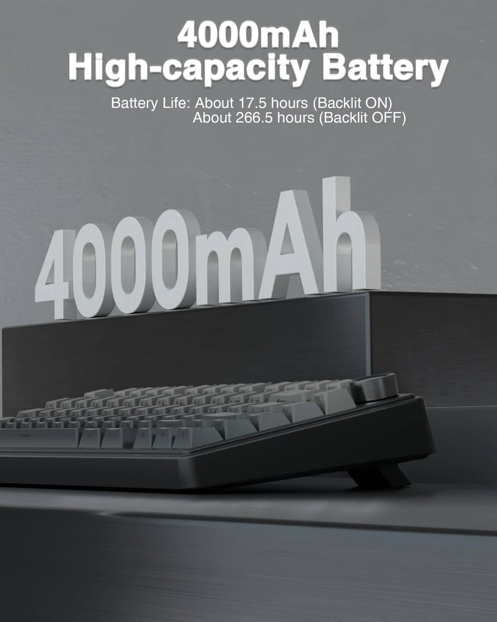 Black 75% mechanical keyboard side profile with dark keycaps and rotary knob