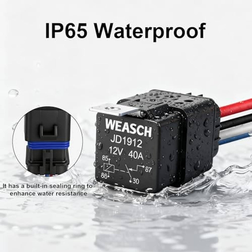 WEASCH waterproof 4-pin relay with black housing and water droplets on the connector