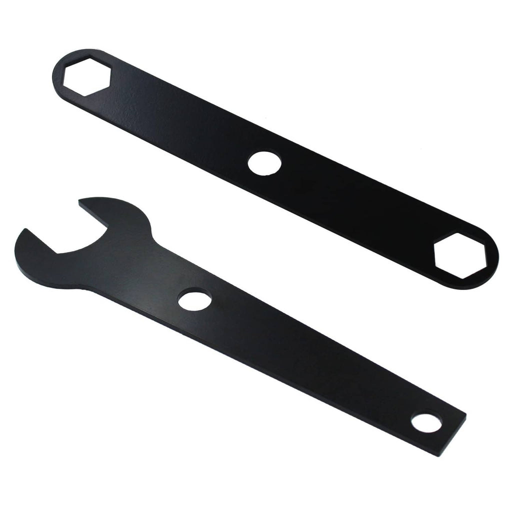 Black table saw blade wrench with hex end and circular mounting holes