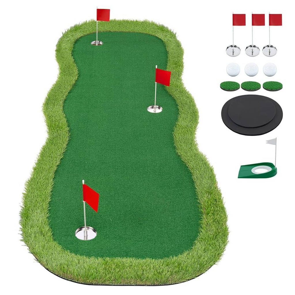 Green putting practice mat with three red flag holes and smooth synthetic turf