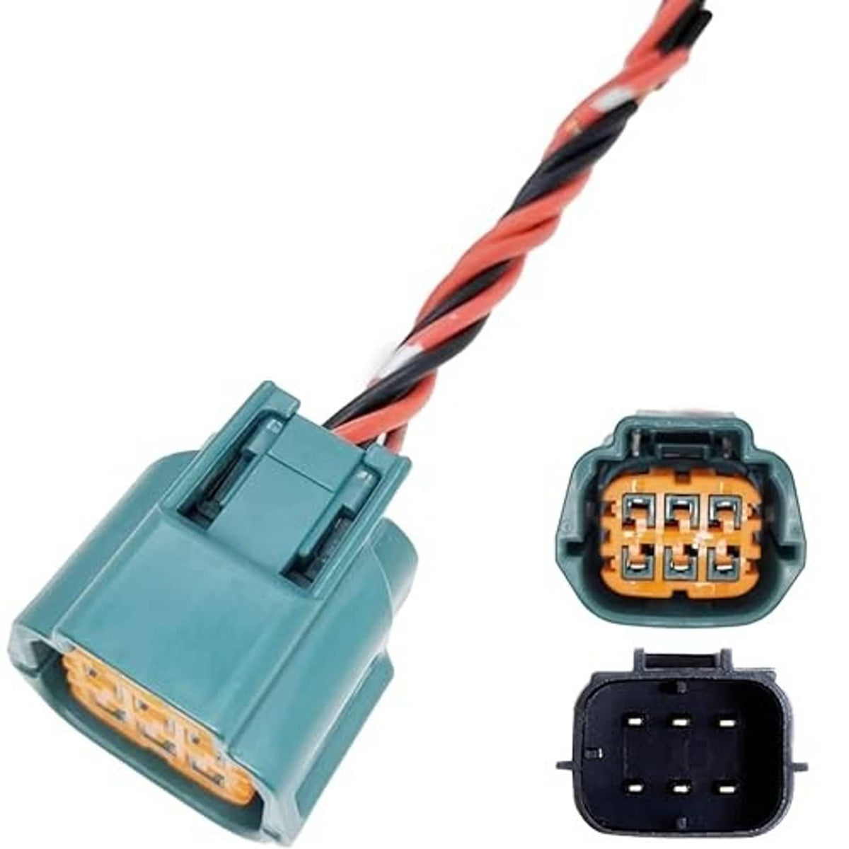 Teal throttle connector plug with red/black leads; multi-pin ports shown