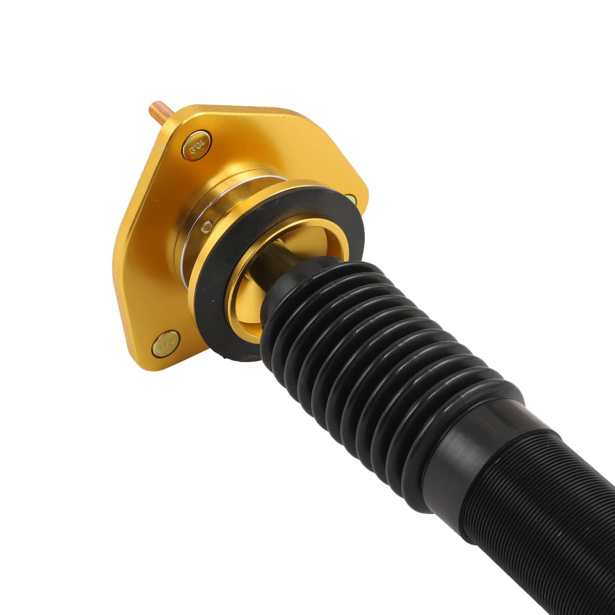 Close-up of coilover top hat with black spring and gold housing on black damper