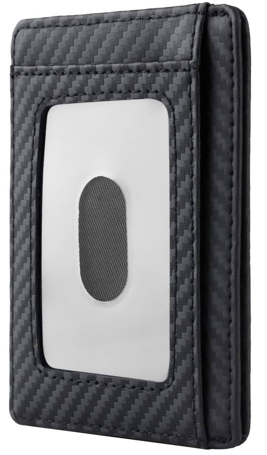 Black carbon-fiber minimalist wallet with visible front card window