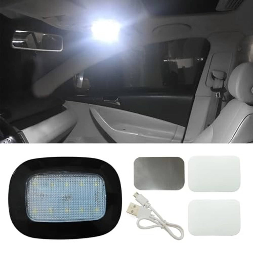 USB rechargeable car dome LED light with black housing, USB cable and adhesive pads