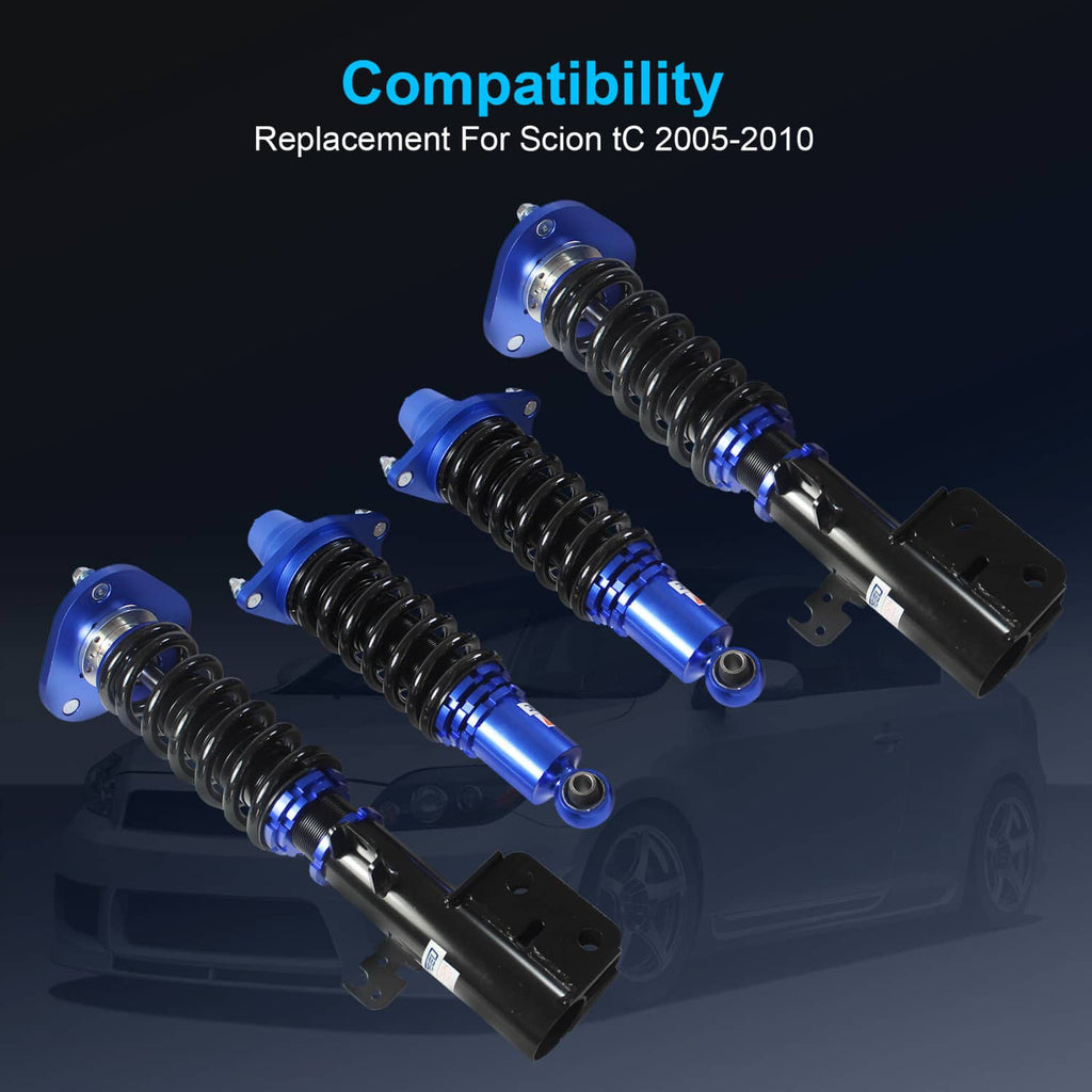 Coilover suspension struts pair with blue aluminum tops and black springs on brackets