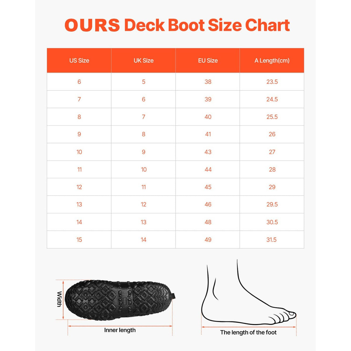 Black tall rubber boot size chart view with pull loop and textured tread sole