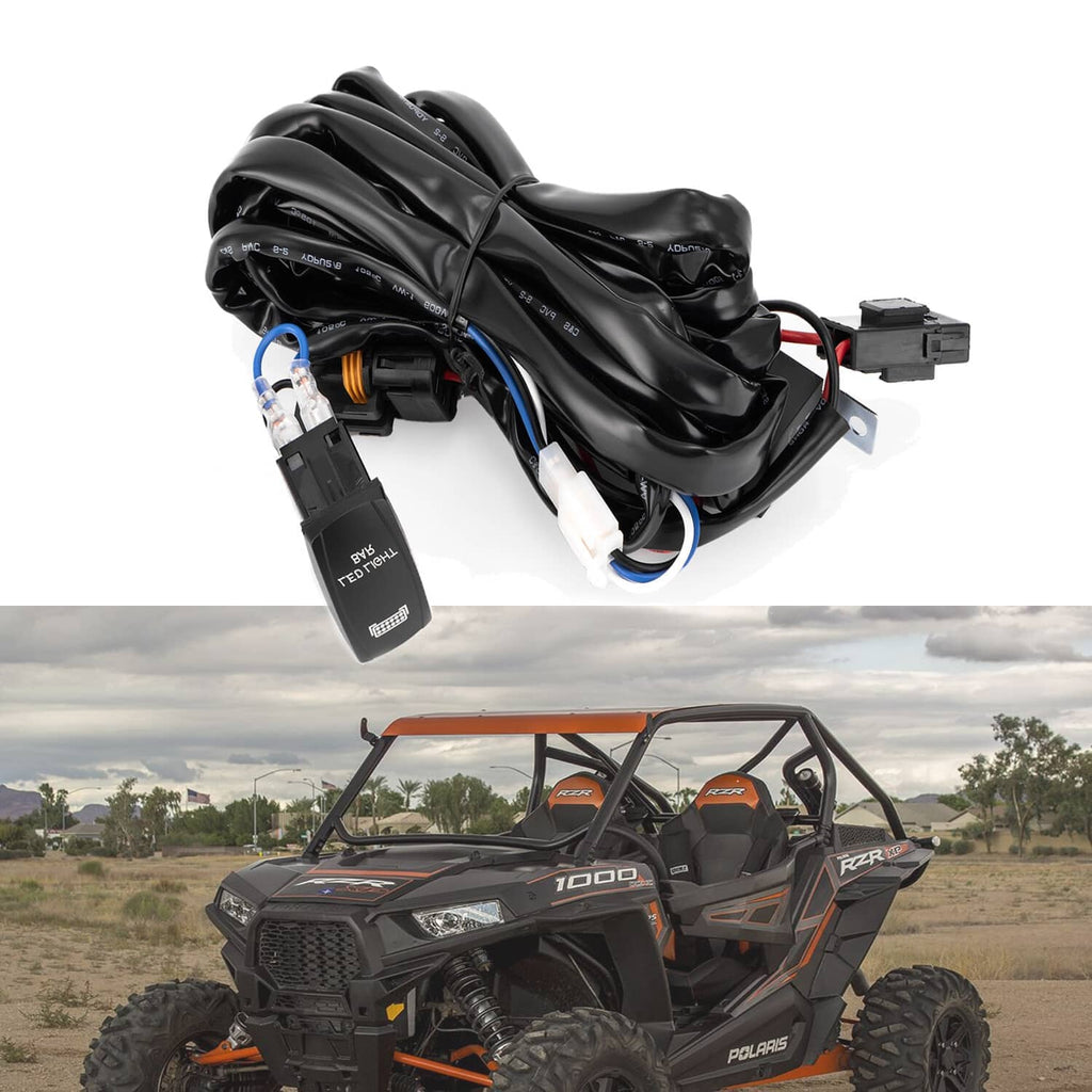 Light bar wiring harness with rocker switch and plug connectors for off-road use