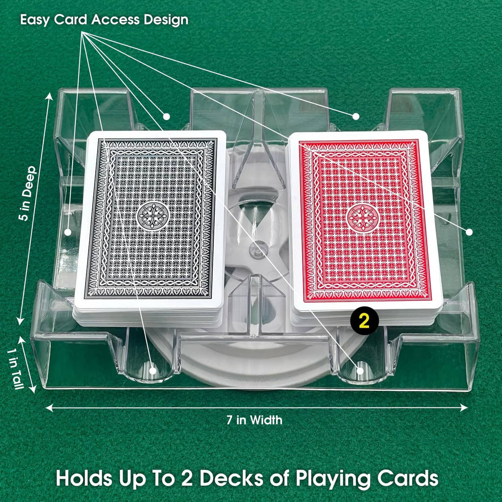 Clear dual-deck revolving card holder with two card decks and circular rotation base