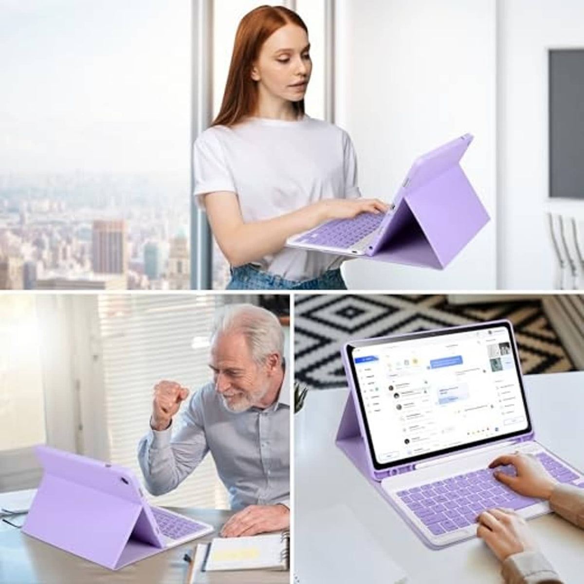 Purple folio keyboard case in use, person typing on detachable tablet keyboard