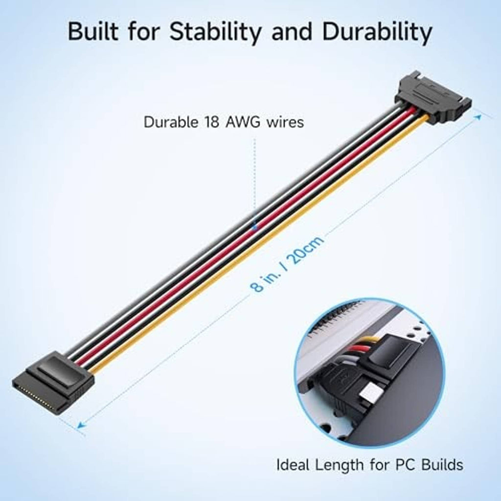 8-inch SATA power extension cable with 18 AWG wires and molded 15-pin connectors