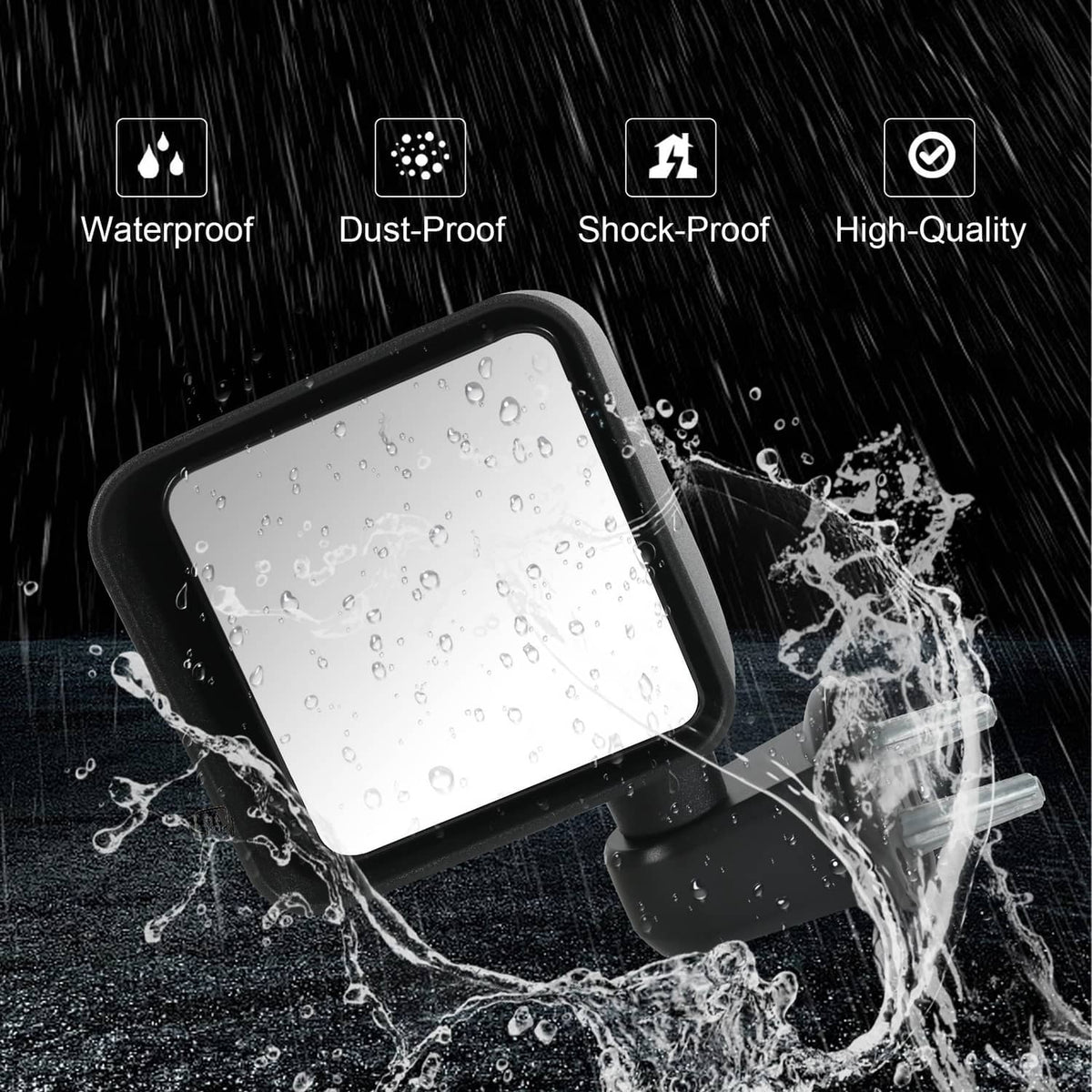 Black side mirror with water-speckled square glass panel