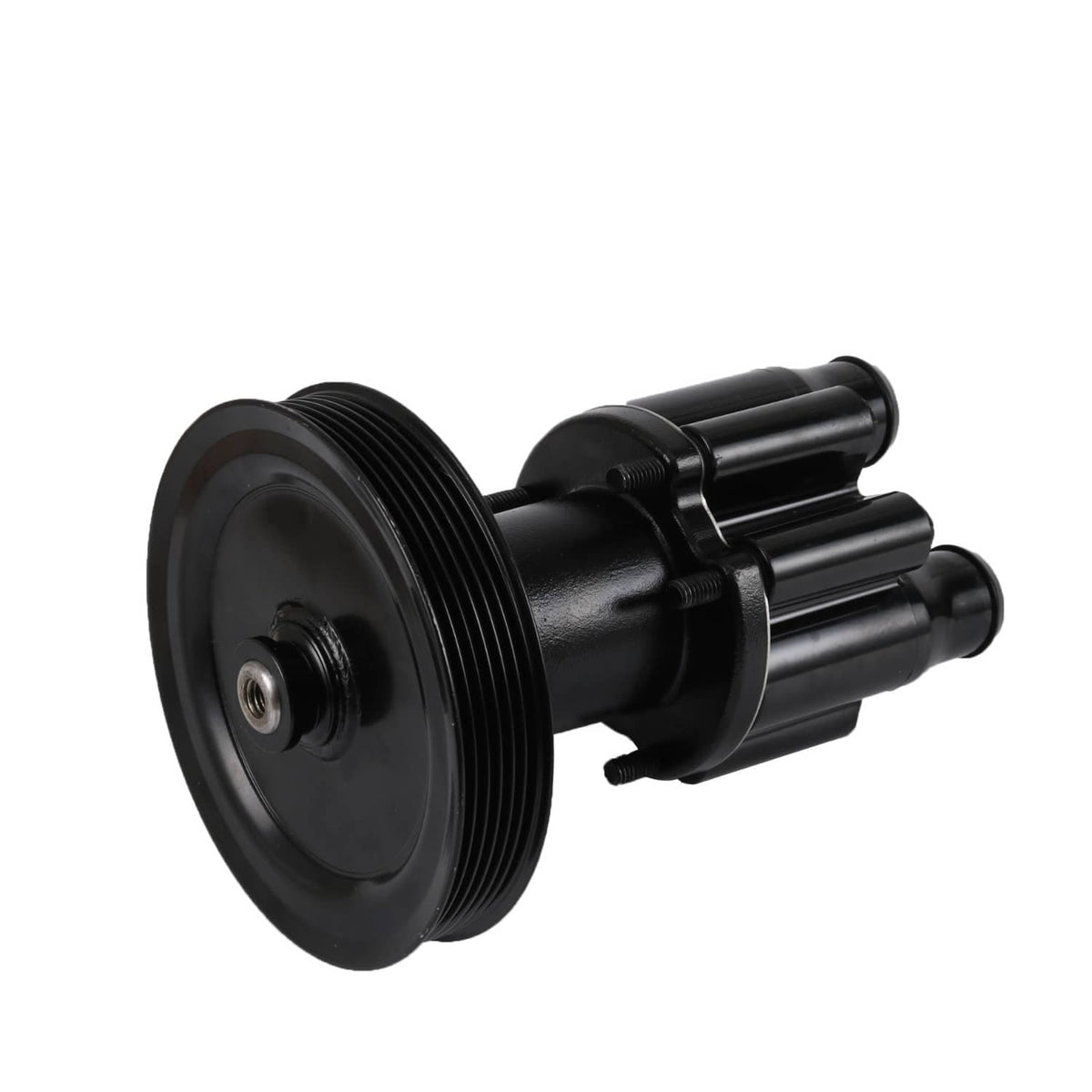 Raw sea water pump with pulley, angled view of ribbed pulley and outlet ports