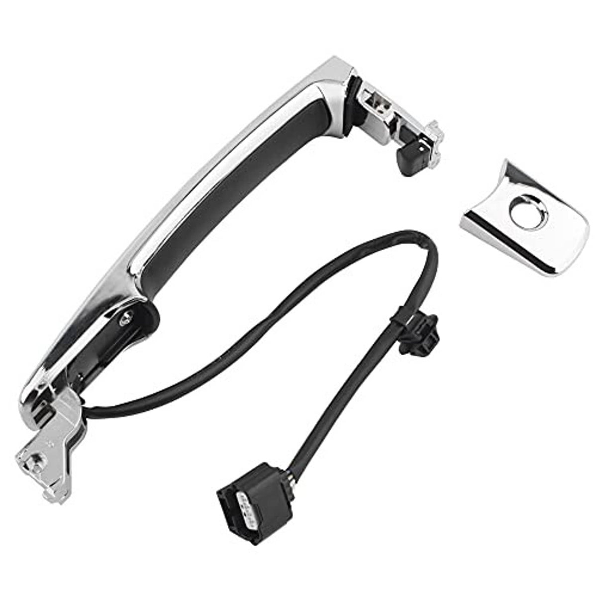 Chrome outside door handle with black wiring harness and connector ends