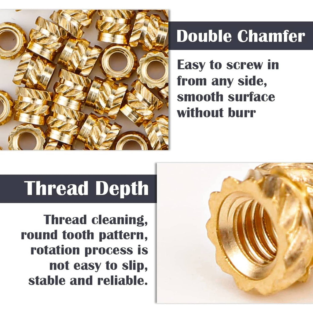 Brass knurled threaded insert nuts in a pile, close-up of one nut's spiral threads