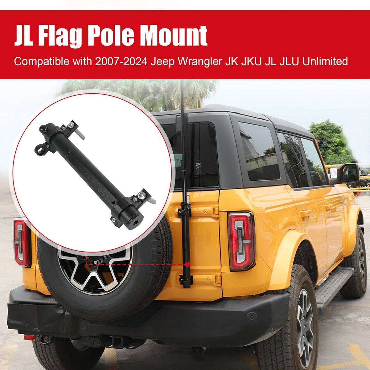 Black JL-style flag pole mount with base bracket and side mounting hardware