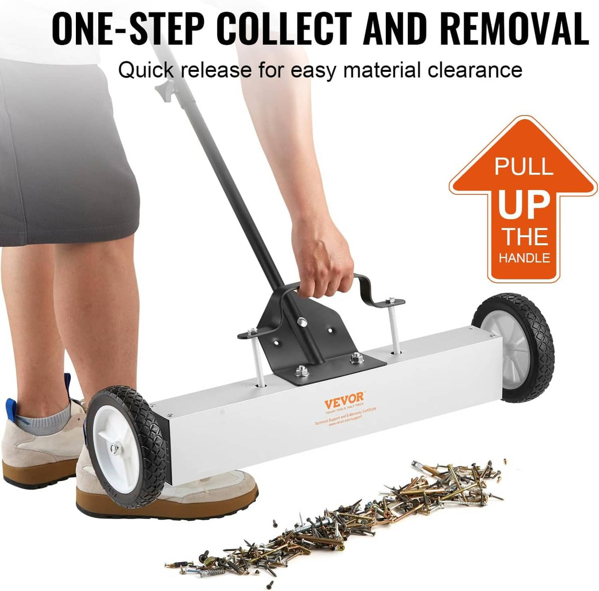 Push magnetic sweeper with wheels and pull-up handle lever for quick pick-up