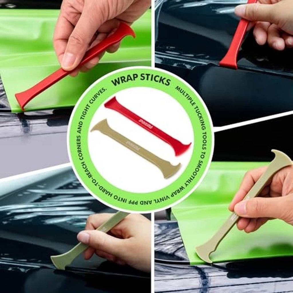 Red and tan TPU squeegees smoothing vinyl wrap on a car panel.